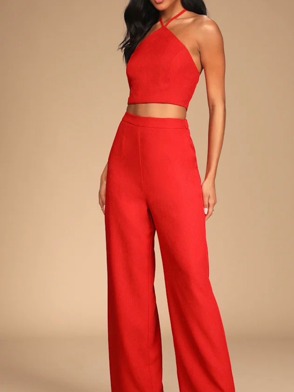 Lulus Red Halter Crop Top & Wide Leg Pants Two Piece Set Size Large